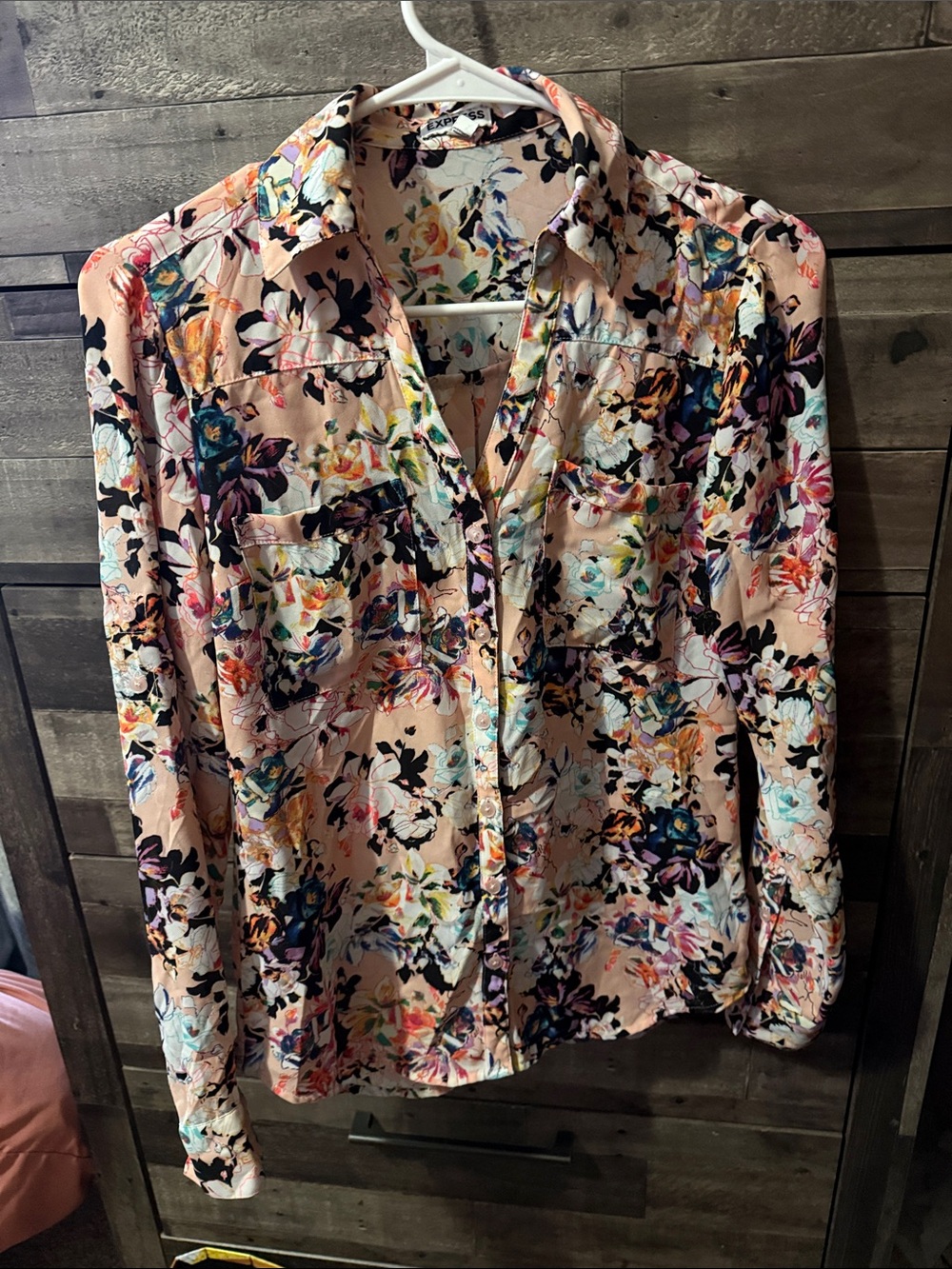 Express Floral Button-Down Blouse in Blush Pink and Navy Accents